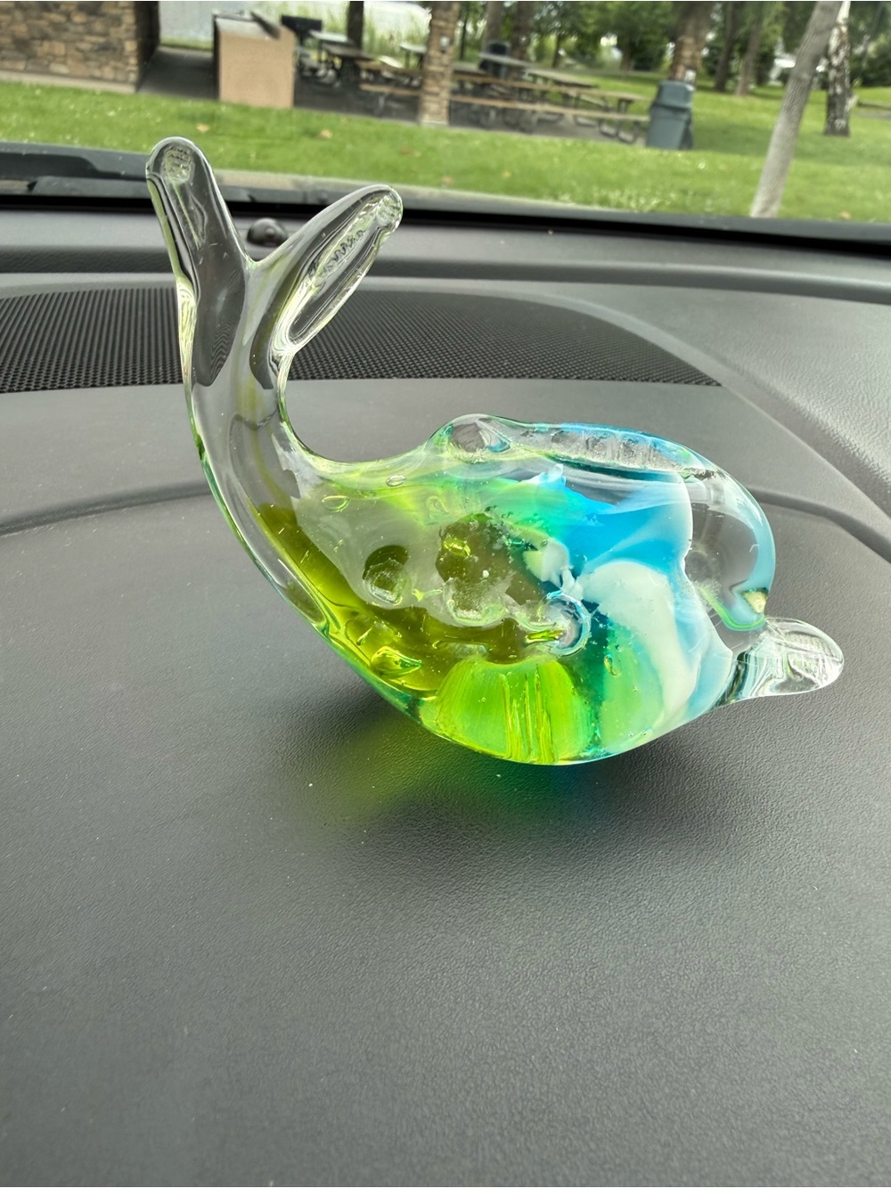 Murano Handblown Glass Whale Figurine in Blue Green Yellow